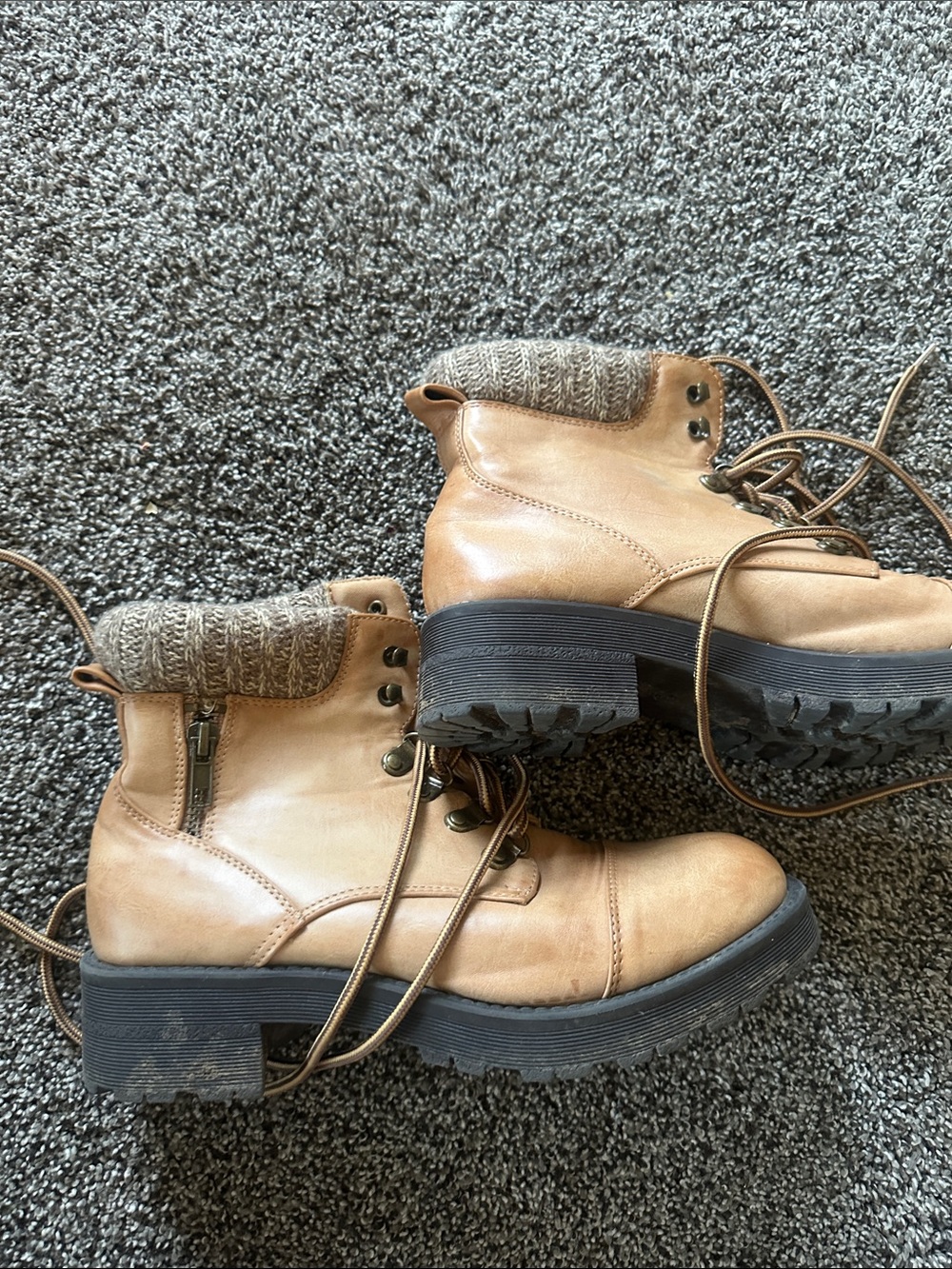 MIA Tan Lace-Up Ankle Heel Boots Knit Collar Perfect for Fall Family Pics 7.5 - Picture 2 of 11